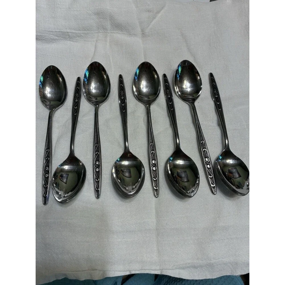 HF Hanford Forge RUTGERS Stainless Flatware  TEASPOONS Lot Of 8 Japan MCM